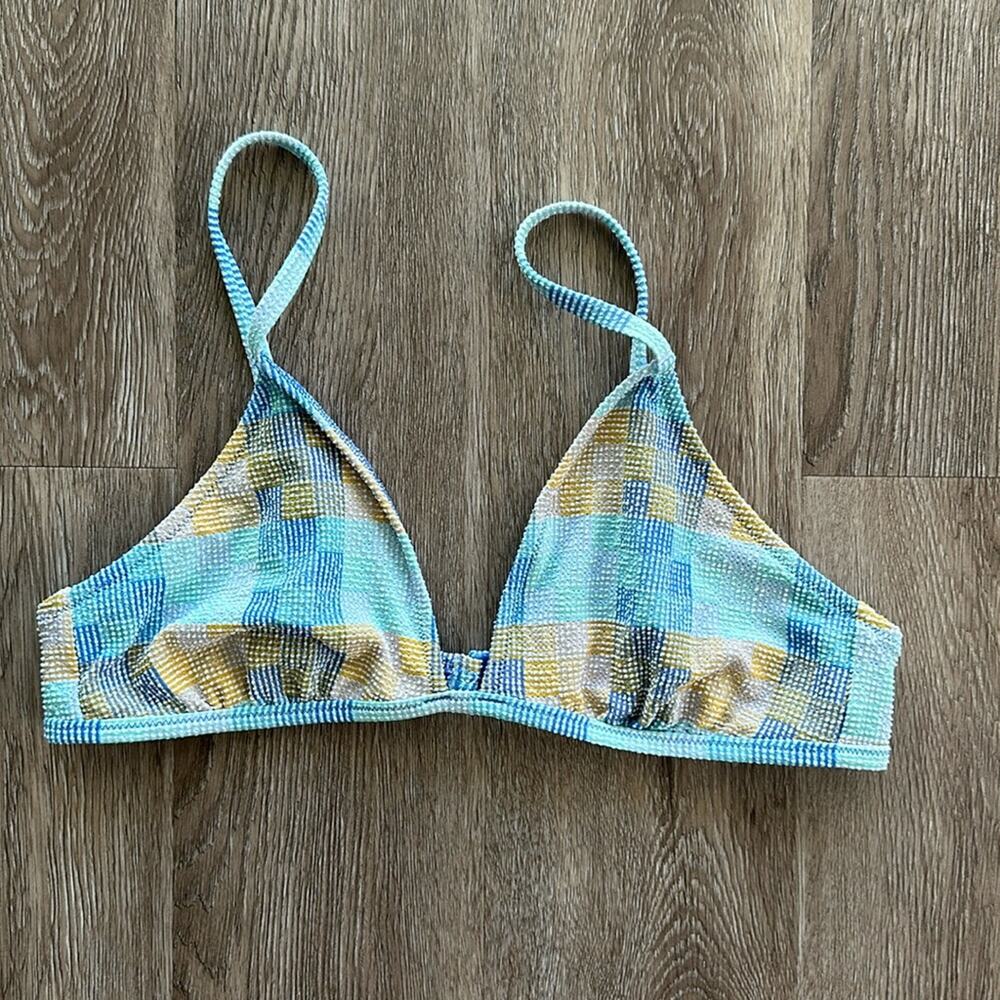 Aerie Triangle Bikini Top Orange & Blue Plaid Plunge XL